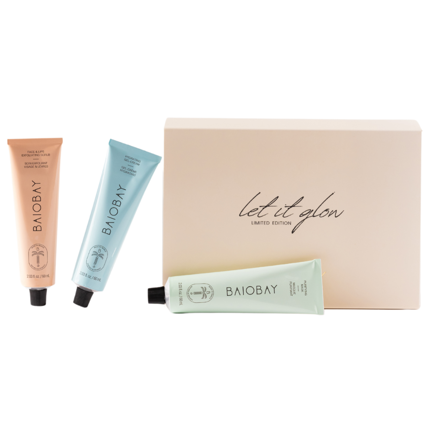 LET IT GLOW Limited Edition Gift Set (FACE & LIPS Exfoliating Scrub, HYDRATING Gel-Cream & PURIFYING Mask)